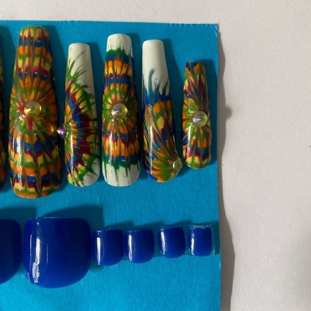 Tie dye press on Manicure 💅 with Blue press on pedicure nails - Picture 2 of 8
